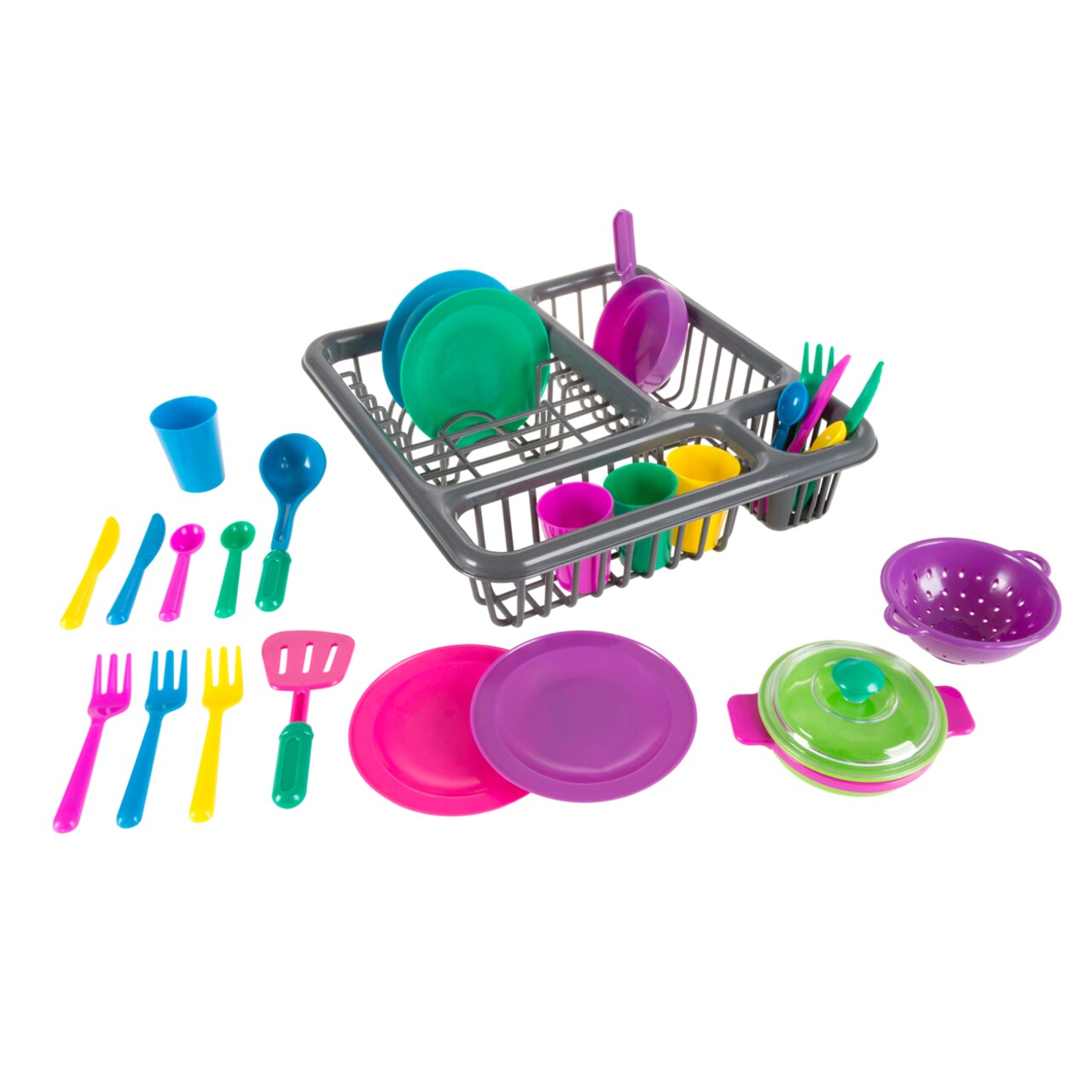 Kids Toy Play Kitchen Dishes Set Bpa Free Tableware Plates Cups Forks Drainer